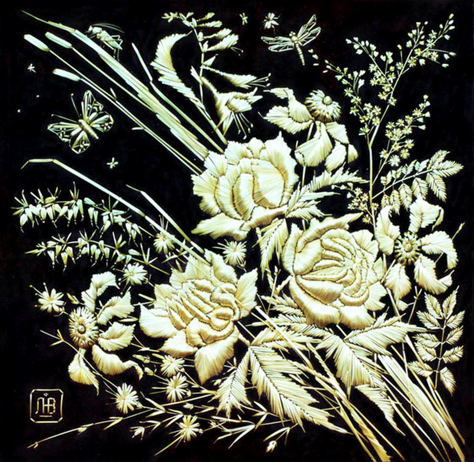 «Півонії» 1994. Вишивка соломкою, тканина